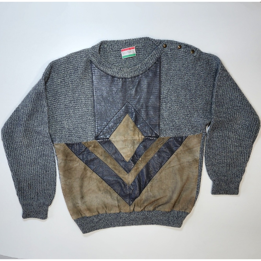 Vintage NICO NERINI‎ Leather Knit Sweater Mens Large 44" Grandpa 70s 80s Italy